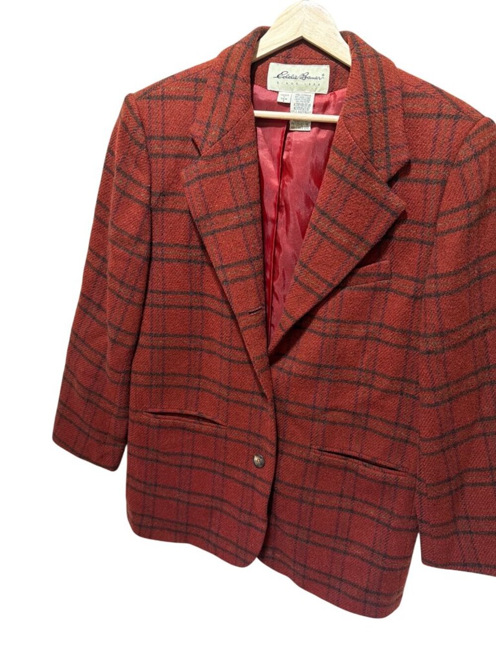Eddie Bauer Vintage 90s Womens Rust Red Plaid Wool Boxy Cut Blazer Medium Fully